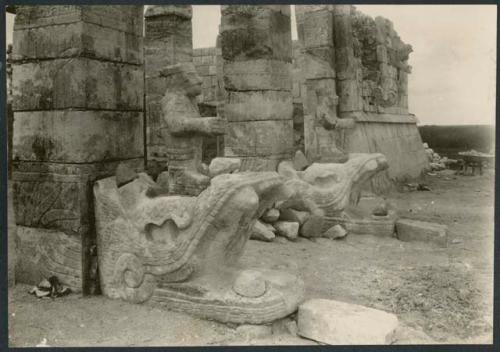 Temple of Warriors, snake heads and top of stairway