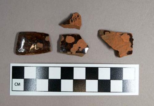 Ceramic, redware body sherds, mottled glaze interior and exterior