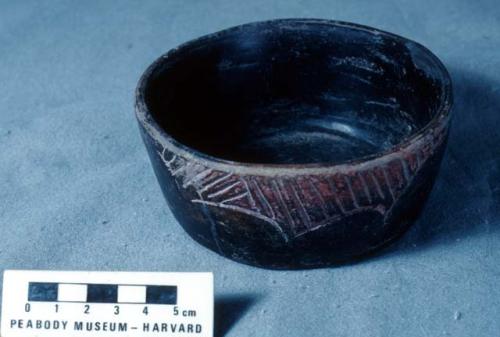 Flat bottomed bowl, with diverging sides, covered with black polished paint