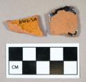 Ceramic, redware body sherds, black glaze exterior, clear glaze/surface missing interior