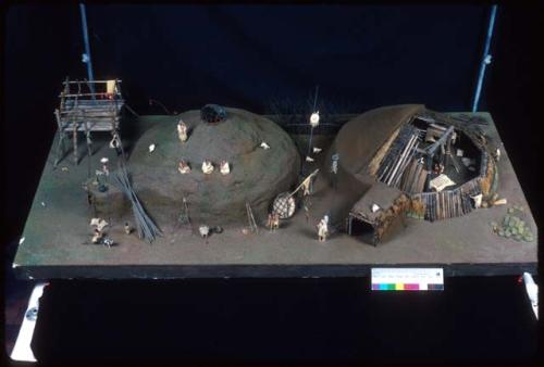 Diorama of two Plains earth lodges.