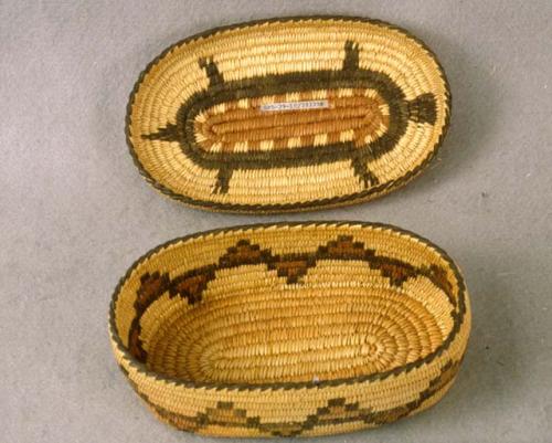 Coiled cattail reed oval bowl (A) and lid (B) with turtle motif