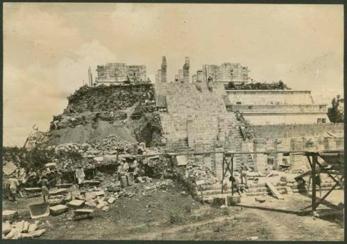 Temple of the Warriors, excavation of northwest colonnade and buried temple in progress