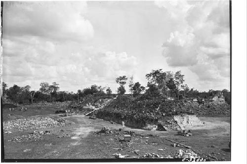 Mercado - during excavation from small Ball Court, looking E. Jan. 18, 1932