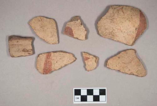 Ceramic, earthenware body sherds, buff and red slipped decoration, grit-tempered