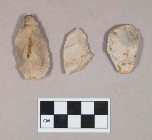 Chipped stone, one bifacial fragment, one oval-shaped biface, one primary flake
