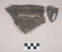 Ceramic, earthenware rim and handle sherds, molded rim, incised, shell-tempered; two sherds crossmend