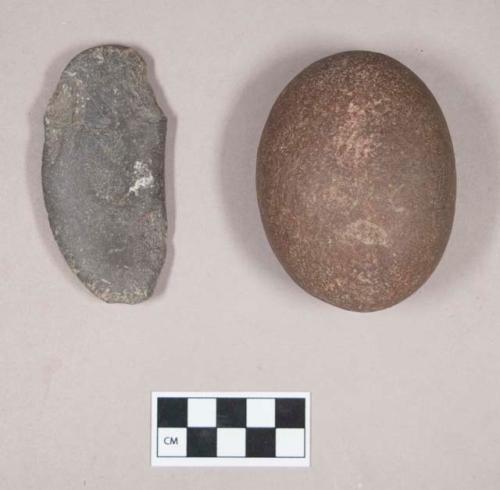 Ground stone, one pounding stone, one flat ovoid stone with worked edges