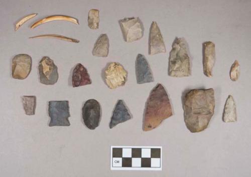 Chipped stone, projectile points, triangular and corner-notched; scrapers; flakes, one with cortex; prismatic blades; biface fragments; organic, animal bone fragment; rodent teeth fragments, two fragments crossmend