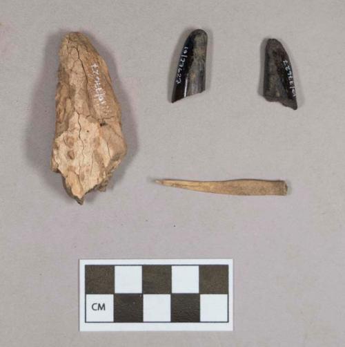 Organic, animal bone; antler fragment; worked antler fragments, burned, two fragments crossmend