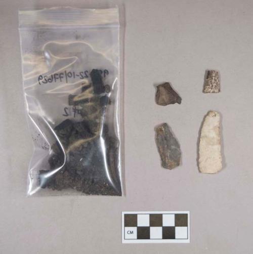 Chipped stone, flakes; biface fragments; charred corn cob fragments