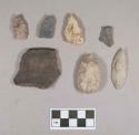 Chipped stone, projectile points, triangular and leaf-shaped; ovate biface; biface fragment; flakes; ceramic, earthenware rim sherd, incised, grit-tempered