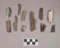 Organic, animal bone fragments, including scapula, ribs, and long bones, some partially burned, some burned, some calcined, one possibly notched