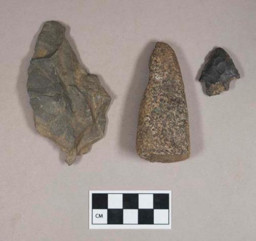 Chipped stone, flake; projectile point, stemmed; ground stone, fragment, possible edged tool