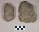 Ground stone, ovoid stone with pecked groove; chipped stone, edged tool fragment, grooved, possible axe
