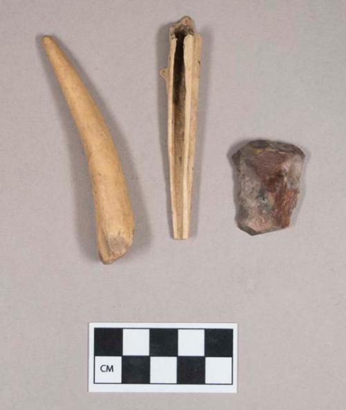 Organic, worked antler tine fragment; worked animal bone awl fragment; chipped stone, flake, with cortex, with possible retouching or use wear