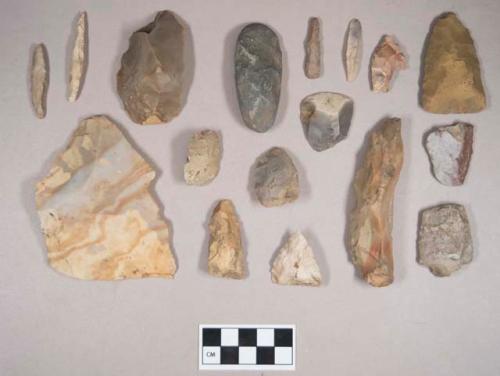 Chipped stone, projectile points, triangular and ovate, some with cortex; biface fragments; drills; scrapers; unifaces; flakes; prismatic blade; ground stone, adze