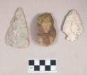 Chipped stone, projectile points, triangular and corner-notched; bifacially worked object, ovoid, with cortex