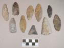 Chipped stone, projectile points, leaf-shaped; projectile point fragment; scraper; unifaces, possible scrapers