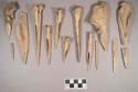 Organic, animal and bird bone awls, awl fragments, and perforators; two fragments crossmend