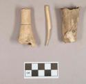 Organic, cut and worked animal bone fragments, hollowed, one possibly incised; worked animal bone fragment, polished