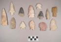 Chipped stone, projectile points, corner-notched, side-notched, lanceolate, stemmed, ovate, and serrated, some with bifurcated base; biface fragments; scrapers, corner-notched
