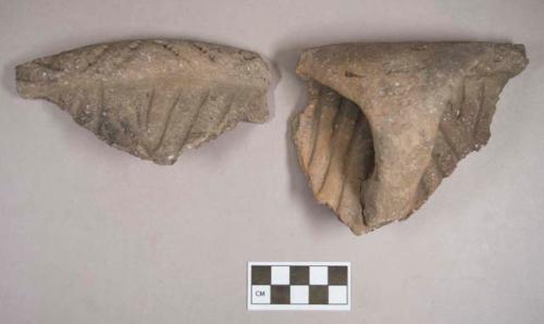 Ceramic, earthenware rim and handle sherds, dentate rim, incised body