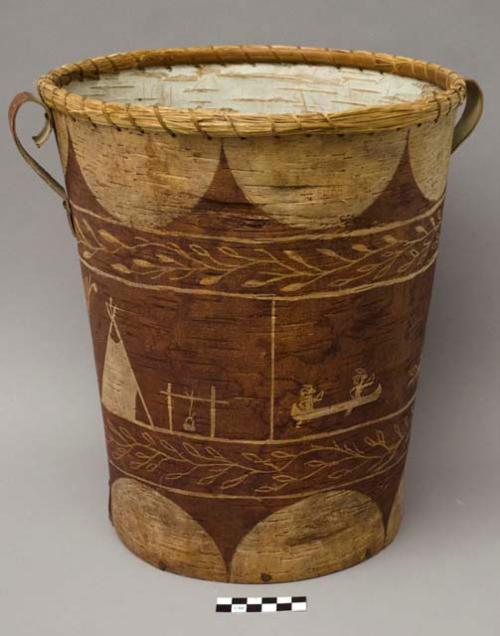 Birchbark wastebasket with etched design