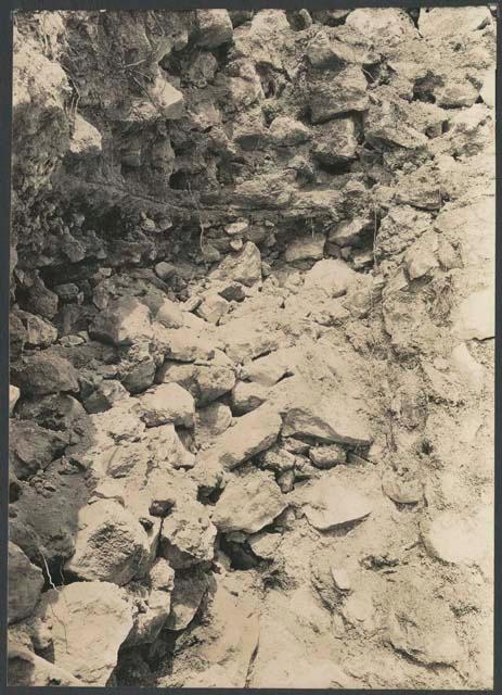 El Caracol, trench in embutido of west stairway showing loose fill and floor level