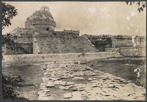 El Caracol, lower stairway repaired with sacbe in foreground