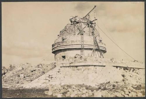 El Caracol, upper terrace and tower, southwest corner under repair