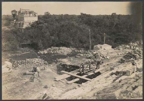 El Caracol, trench at base of upper stairway