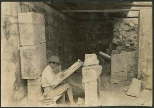 Temple of Warriors, Ann Axtel Morris documenting painted columns