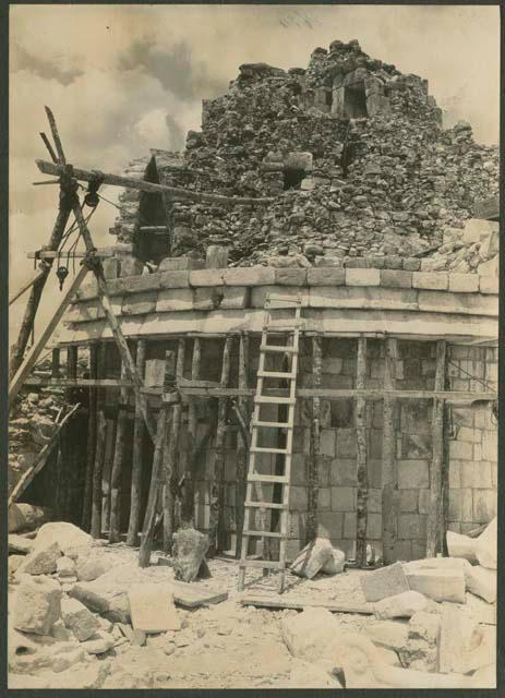 Caracol, repair of cornice, east side of building