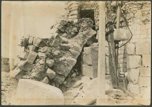 Caracol, repair of east doorway, fallen section of cornice