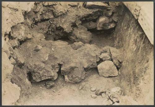 El Caracol, upper platform, shaft at base of trench of 1929 circular structure