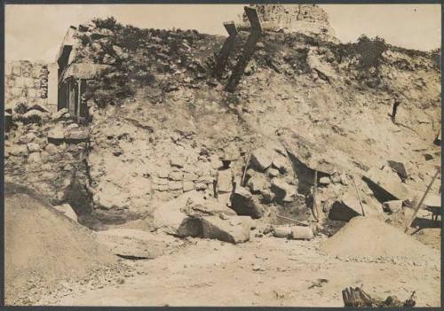 El Caracol, southwest corner of base of lower platform, excavation preceding repair