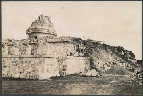 El Caracol, southwest corner of base of lower platform, excavation preceding repair