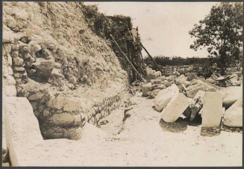 El Caracol, southwest corner, base of lower platform excavation