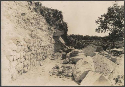 El Caracol, southwest corner, base of lower platform excavation