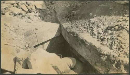 Caracol, excavation of circular substructure, showing cornice