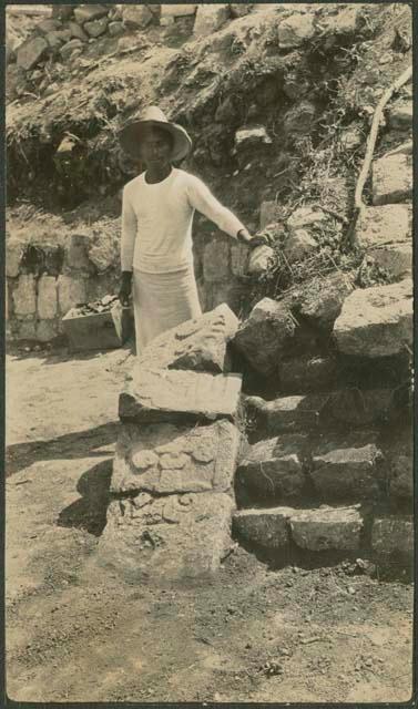 Caracol, sculptured stones of north balustrade as found in situ of West Annex