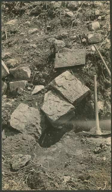 Caracol, sculptured stones of south balustrade as found in situ of West Annex
