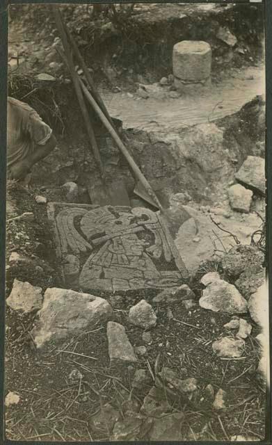 Caracol, stone of sculptured door jamb in second altar room of South Annex