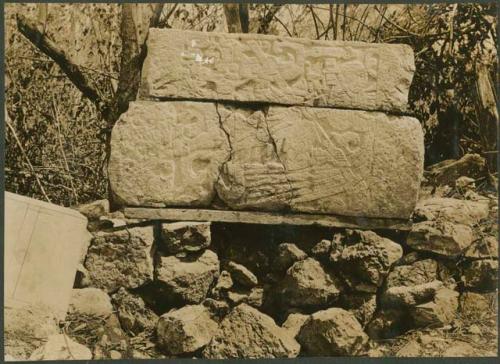 Sculptured stone lintel in two pieces, found southwest of Chichen Itza