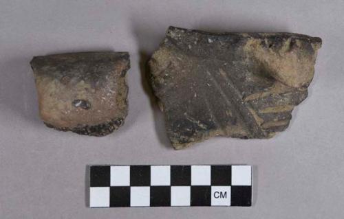 Ceramic, earthenware rim sherds, one with lug, one with strap handle, cord-impressed and incised, shell-tempered