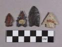 Chipped stone, projectile points, stemmed, lanceolate, bifurcate base, and corner-notched