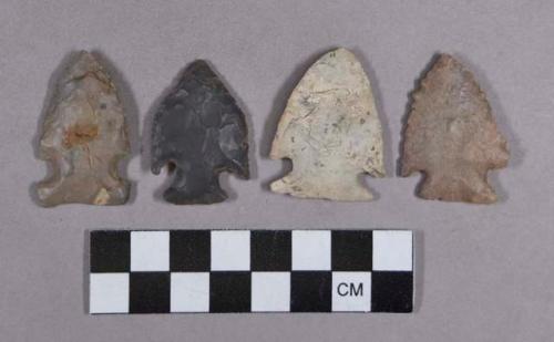 Chipped stone, projectile points, corner- and side-notched, one serrated blade