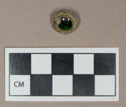 Metal, copper alloy button with green glass