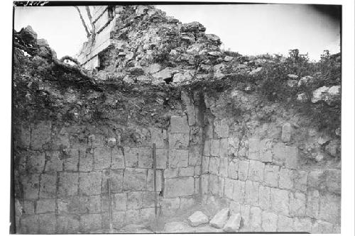 Northwest corner, interior of Patio Mercado showing masonry.